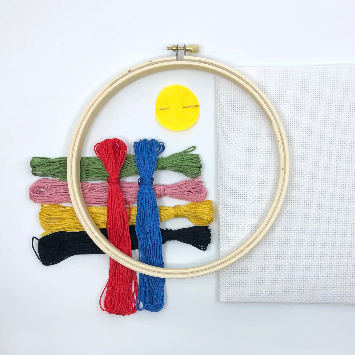 A wooden embroidery hoop with white mesh fabric and six colorful embroidery threads in green, pink, yellow, black, red, and blue, arranged on a white background.