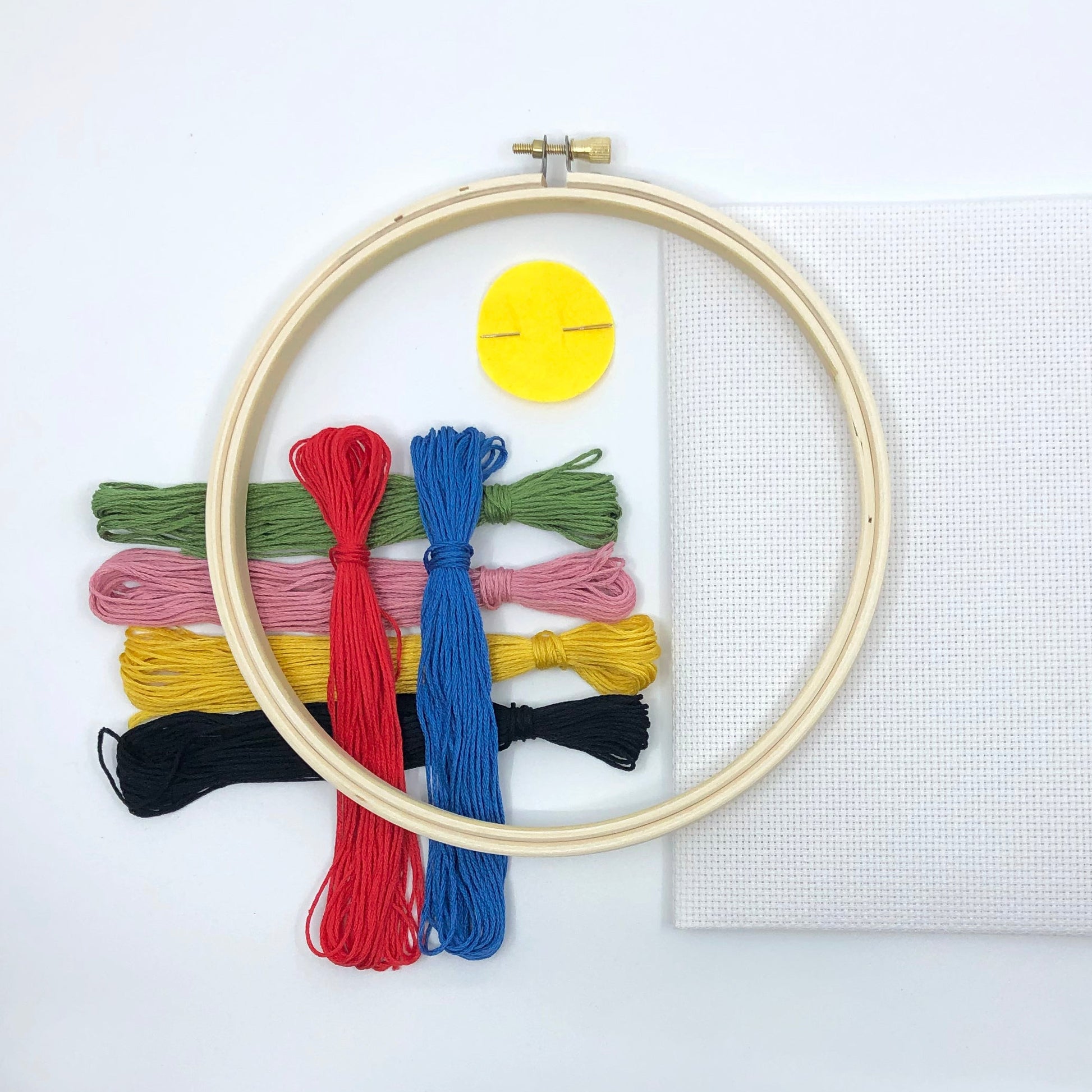 A wooden embroidery hoop with white mesh fabric and six colorful embroidery threads in green, pink, yellow, black, red, and blue, arranged on a white background.