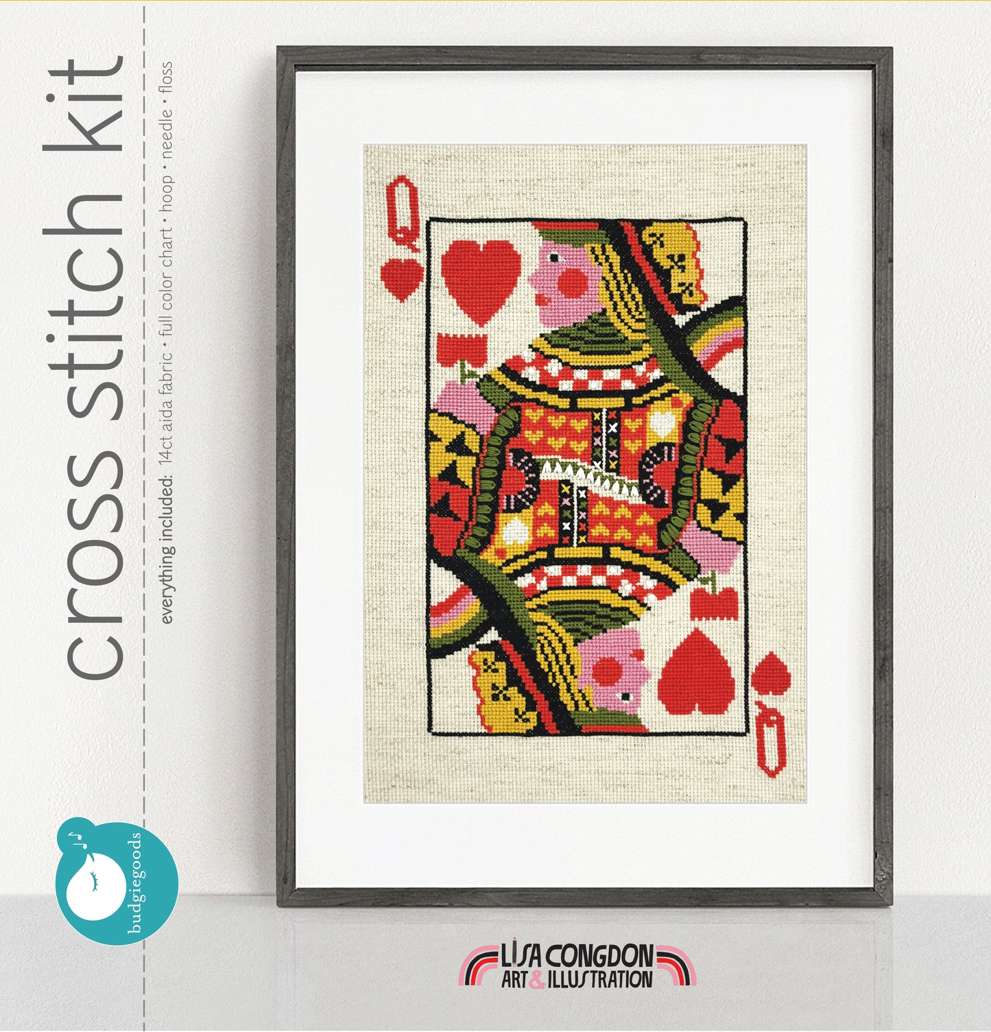 A framed cross stitch kit preview showing a completed needlework design of the Queen of Hearts card on a white mat and dark frame, with side text reading 'cross stitch kit' and a small teal badge. The design contains many bright colors on a light fabric ground.